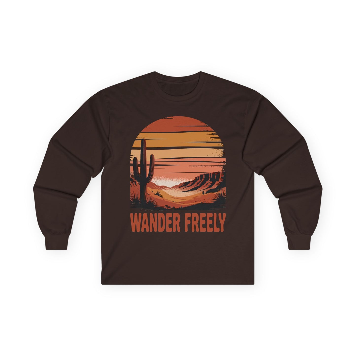 TEEZOCA wander freely vintage desert illustration on unisex long-sleeve t-shirt Brown long-sleeve shirt with a desert scene and 'Wander Freely' text on a white background