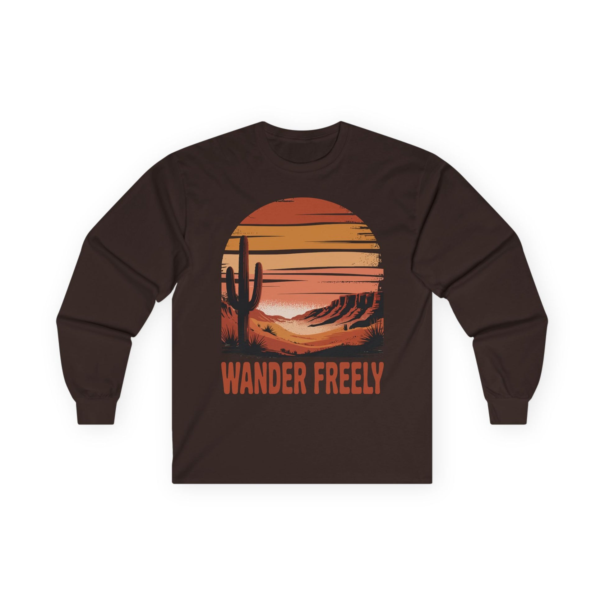 TEEZOCA wander freely vintage desert illustration on unisex long-sleeve t-shirt Brown long-sleeve shirt with a desert scene and 'Wander Freely' text on a white background