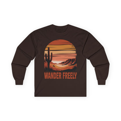 TEEZOCA wander freely vintage desert illustration on unisex long-sleeve t-shirt Brown long-sleeve shirt with a desert scene and 'Wander Freely' text on a white background