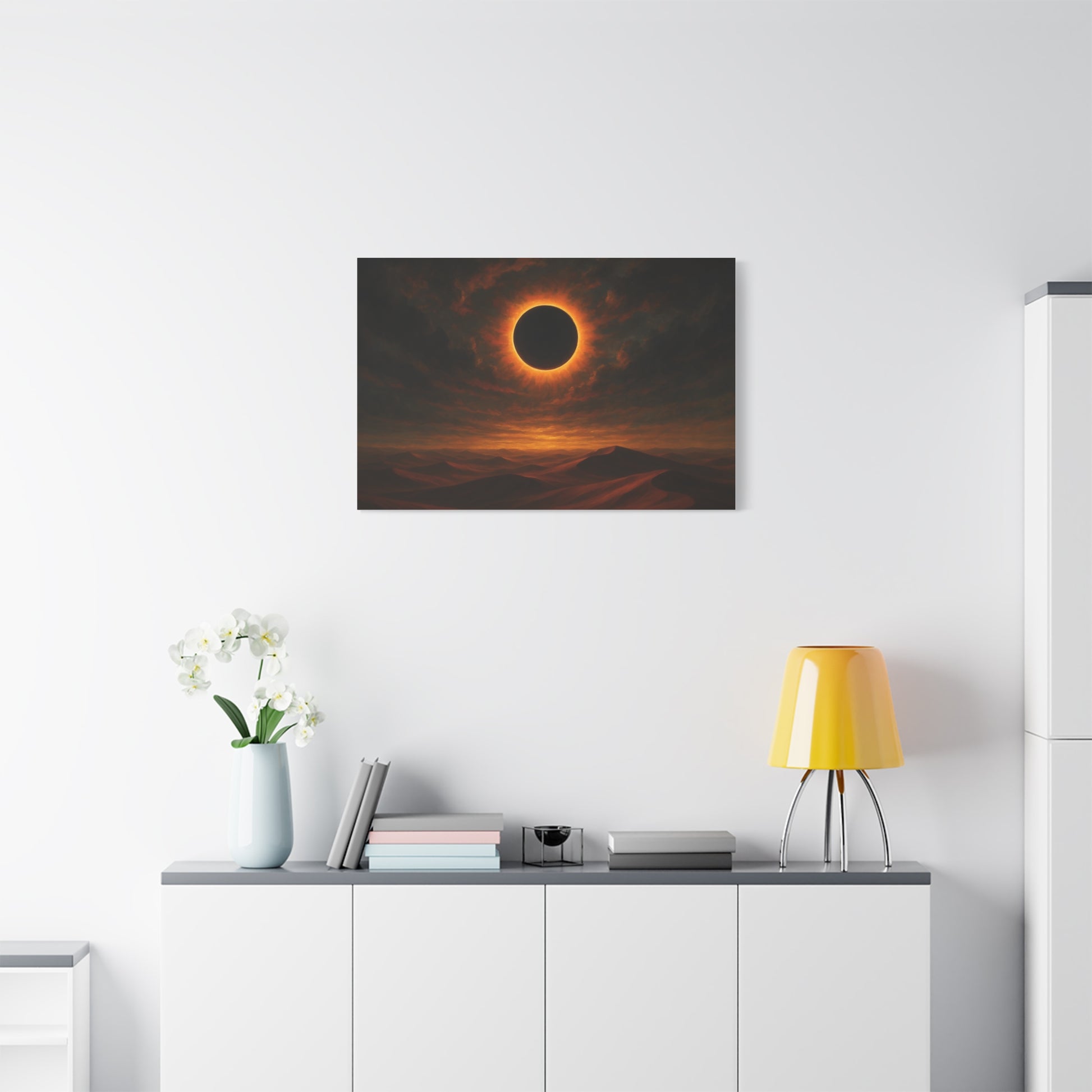TEEZOCA warm-toned eclipse desert wall art shown above a plant and console table.