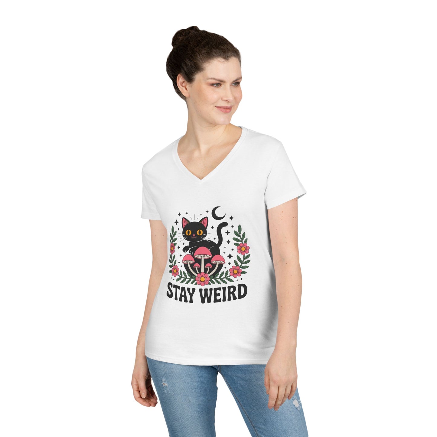 Stay Weird Black Cat V-Neck T-Shirt for Women | Playful Gothic Style | TEEZOCA 