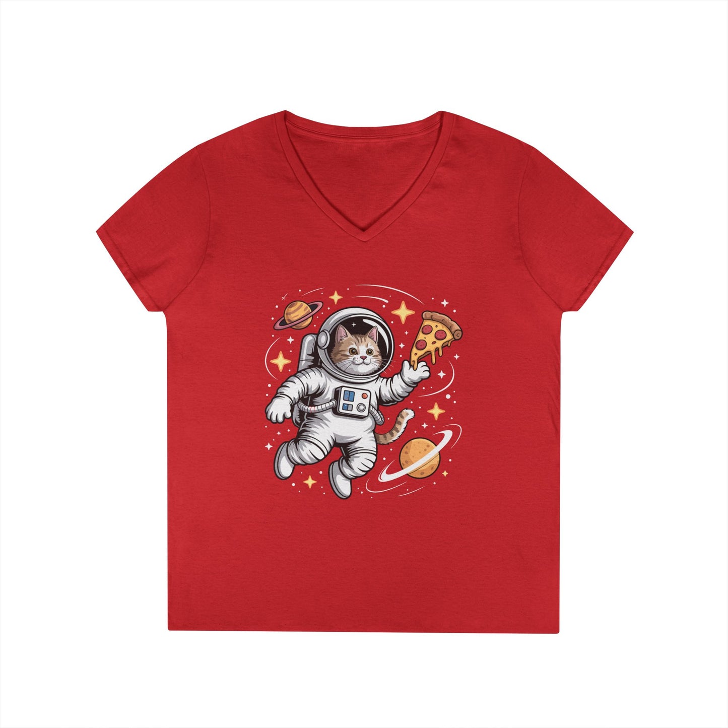 Astronaut Cat Pizza Space Vibes V-Neck T-Shirt for Women | TEEZOCA 