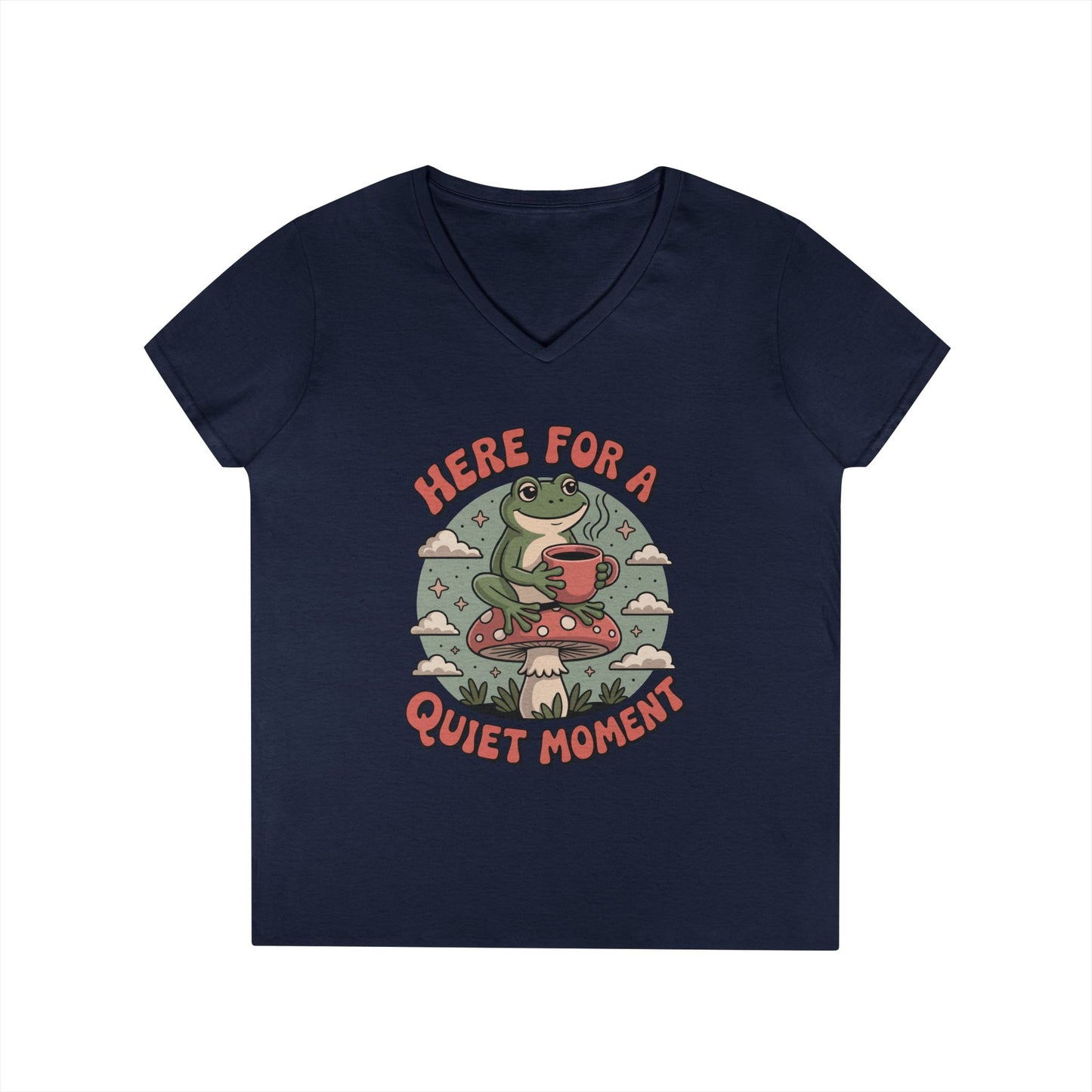 Here for a Quiet Moment Frog Coffee Graphic V-Neck T-Shirt for Women | TEEZOCA 