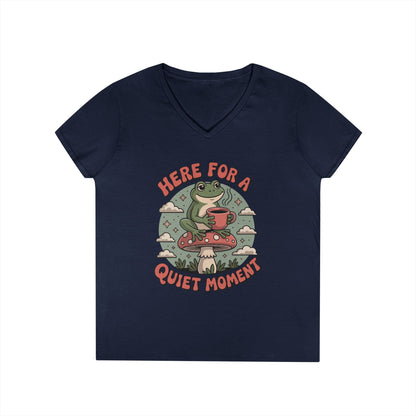 Here for a Quiet Moment Frog Coffee Graphic V-Neck T-Shirt for Women | TEEZOCA 