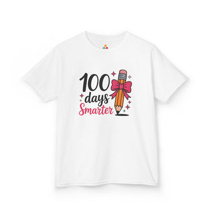 TEEZOCA white “100 Days Smarter” pencil and pink bow kids graphic t‑shirt shown flat.