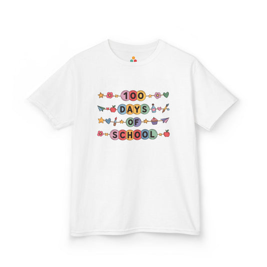 TEEZOCA white “100 Days of School” colorful graphic t-shirt shown flat.