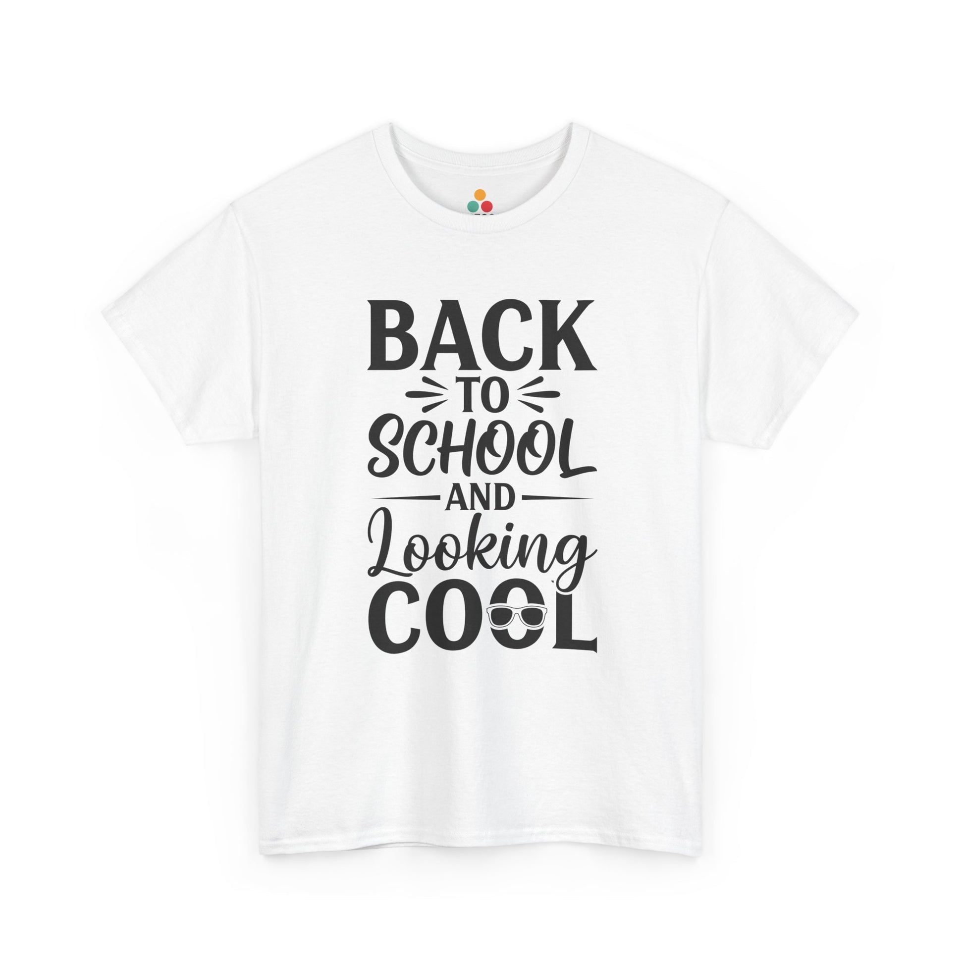 TEEZOCA white “Back To School And Looking Cool” sunglasses graphic T‑shirt shown flat.
