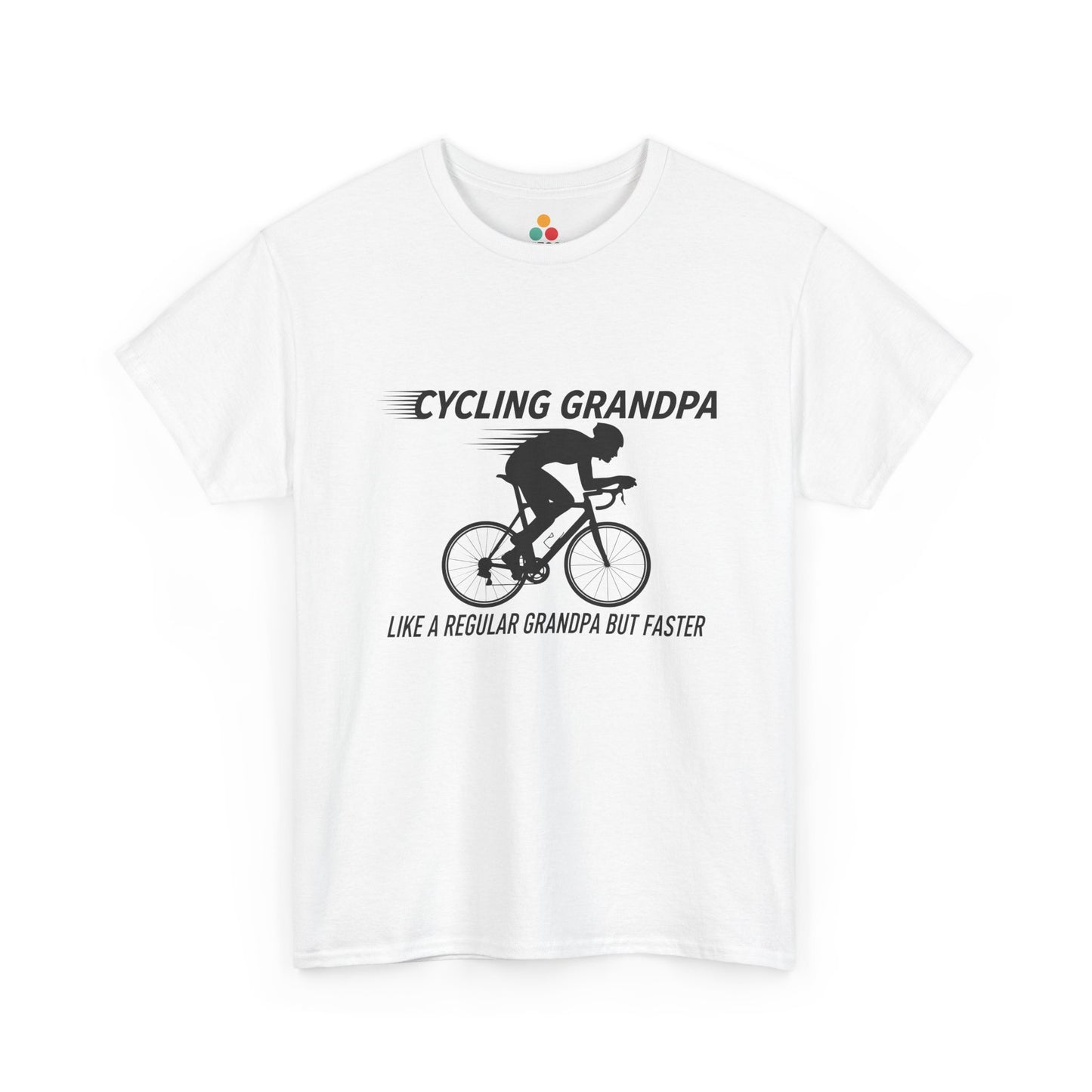 TEEZOCA white “Cycling Grandpa” funny cyclist graphic t-shirt shown flat.