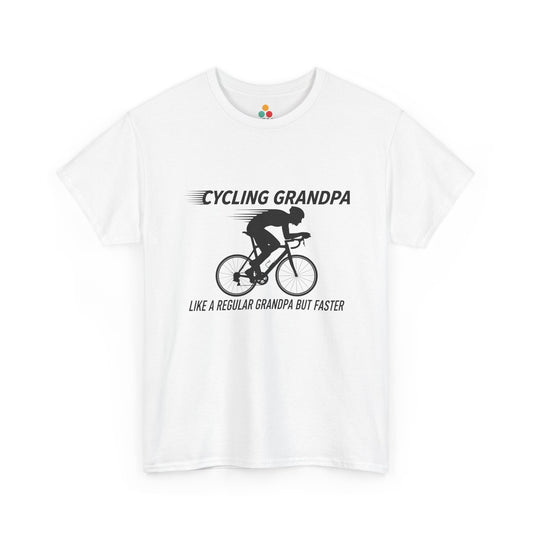 TEEZOCA white “Cycling Grandpa” funny cyclist graphic t-shirt shown flat.