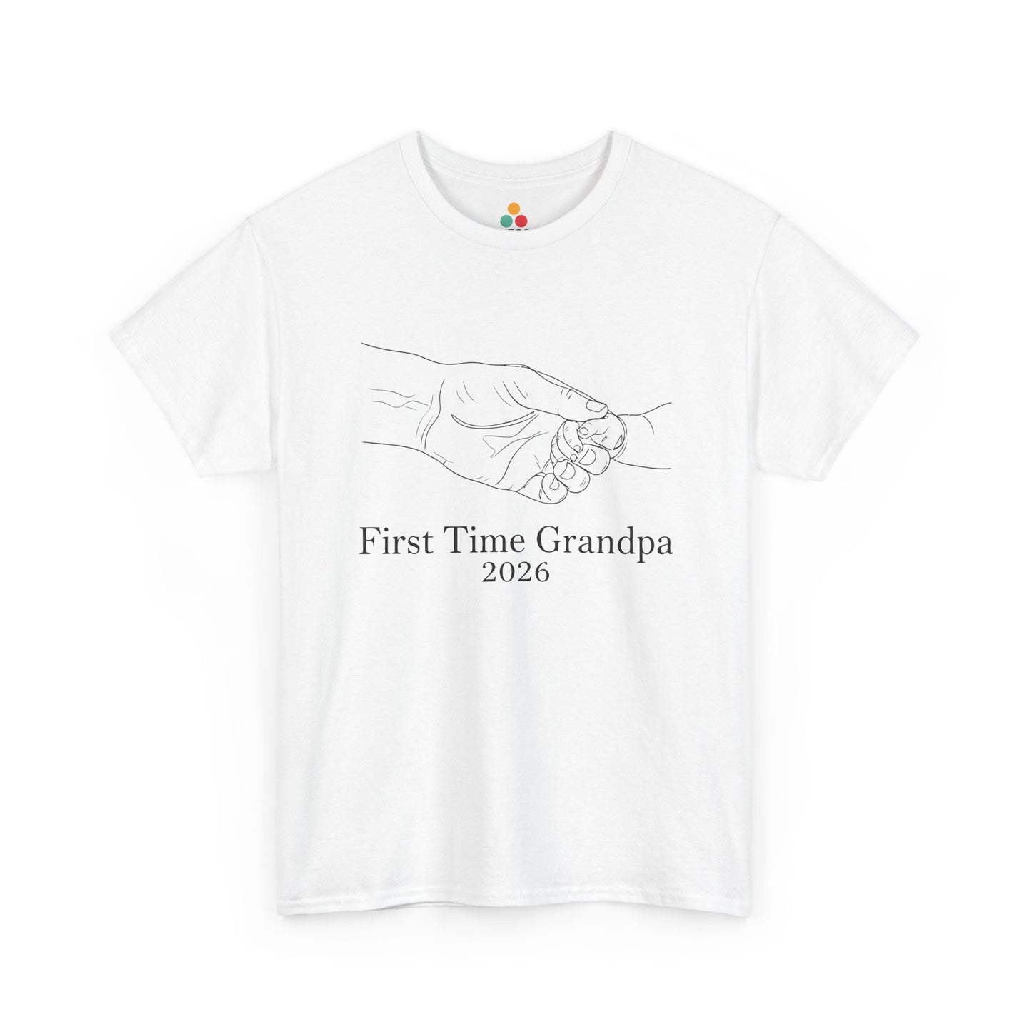 TEEZOCA white “First Time Grandpa 2026” line-art baby hand t-shirt shown flat.