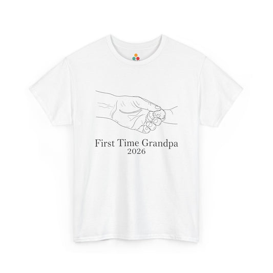 TEEZOCA white “First Time Grandpa 2026” line-art baby hand t-shirt shown flat.