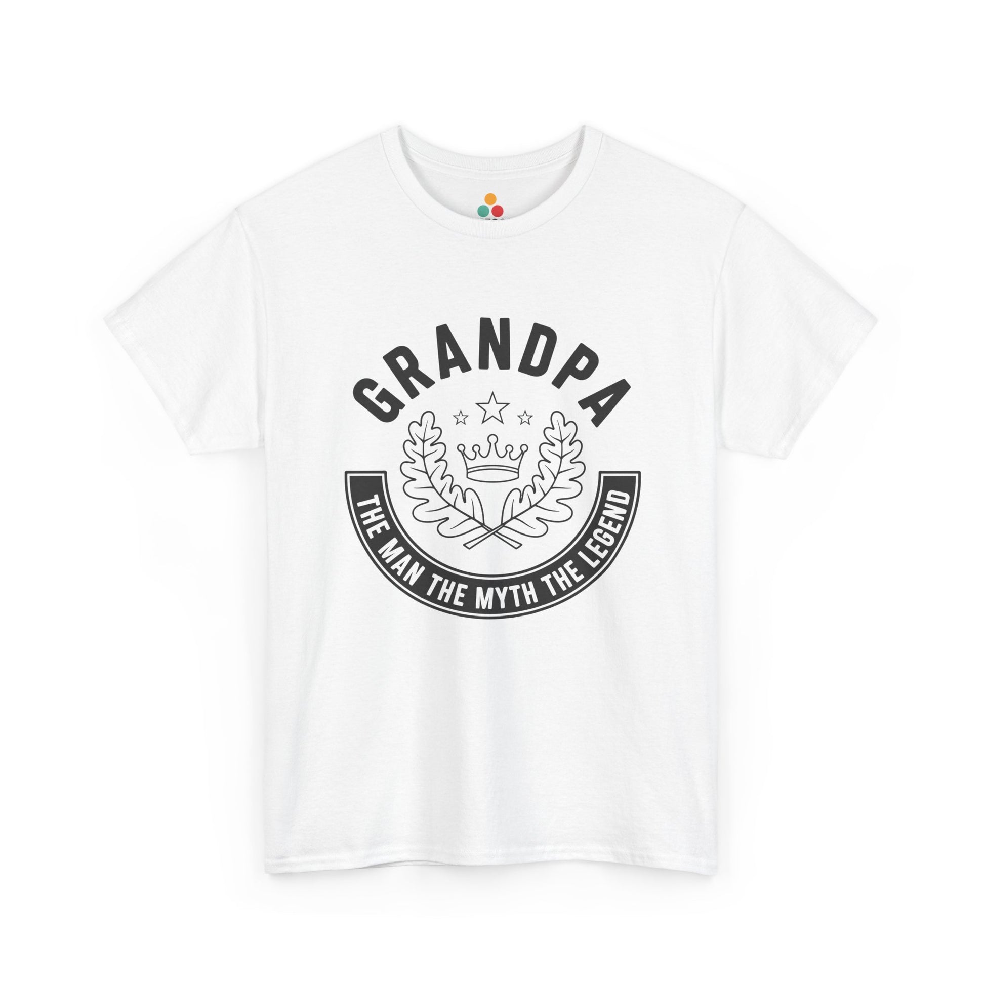 TEEZOCA white “Grandpa The Man The Myth The Legend” crown and laurel crest t-shirt shown flat.