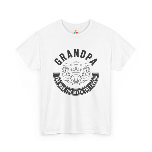 TEEZOCA white “Grandpa The Man The Myth The Legend” crown and laurel crest t-shirt shown flat.