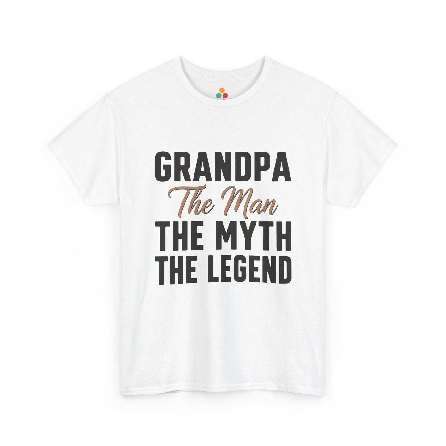 TEEZOCA white “Grandpa The Man The Myth The Legend” stacked typography t-shirt shown flat.