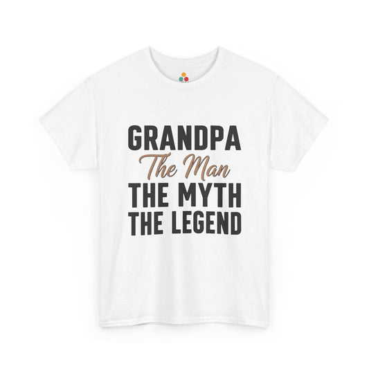 TEEZOCA white “Grandpa The Man The Myth The Legend” stacked typography t-shirt shown flat.