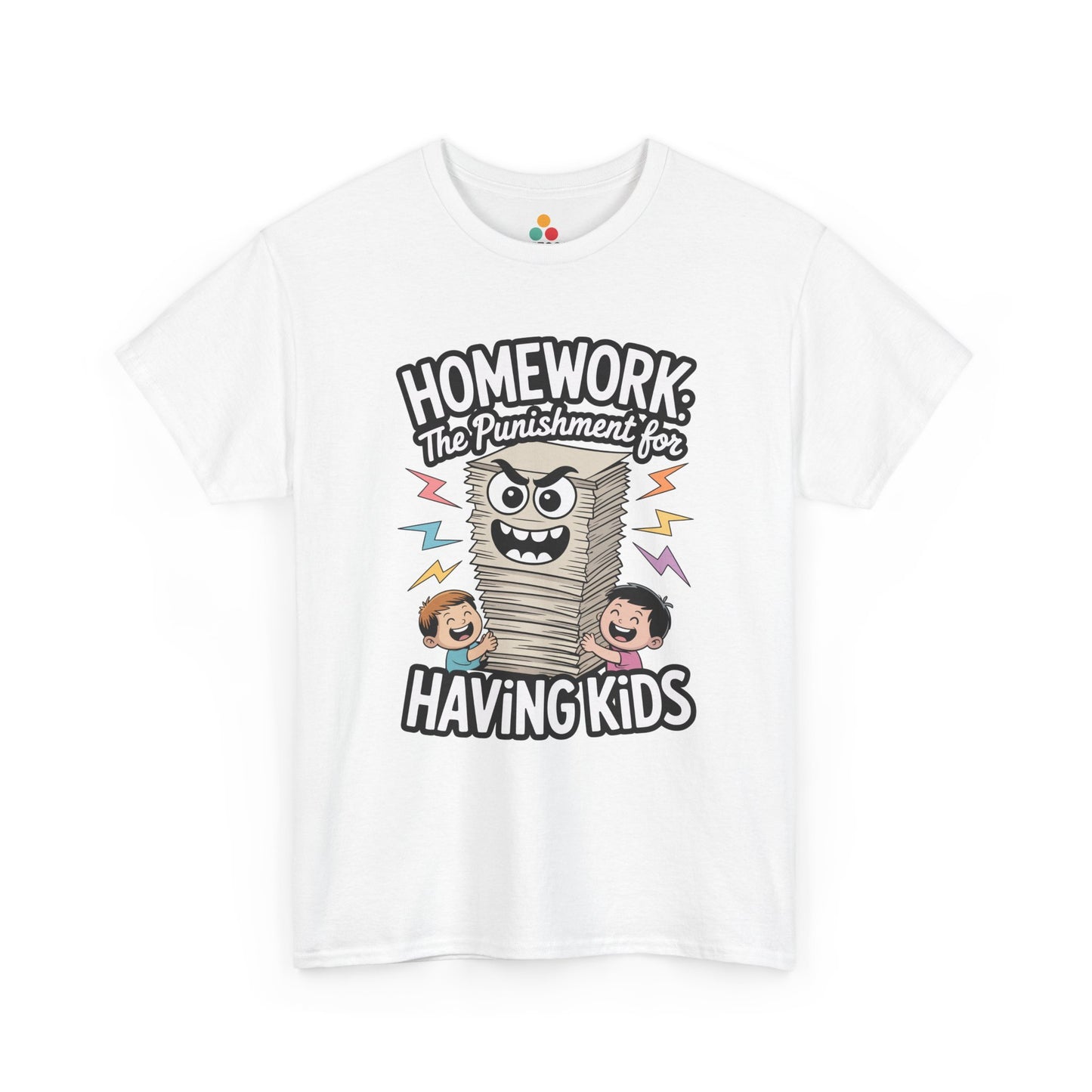 TEEZOCA white “Homework The Punishment for Having Kids” funny graphic T-shirt shown flat.