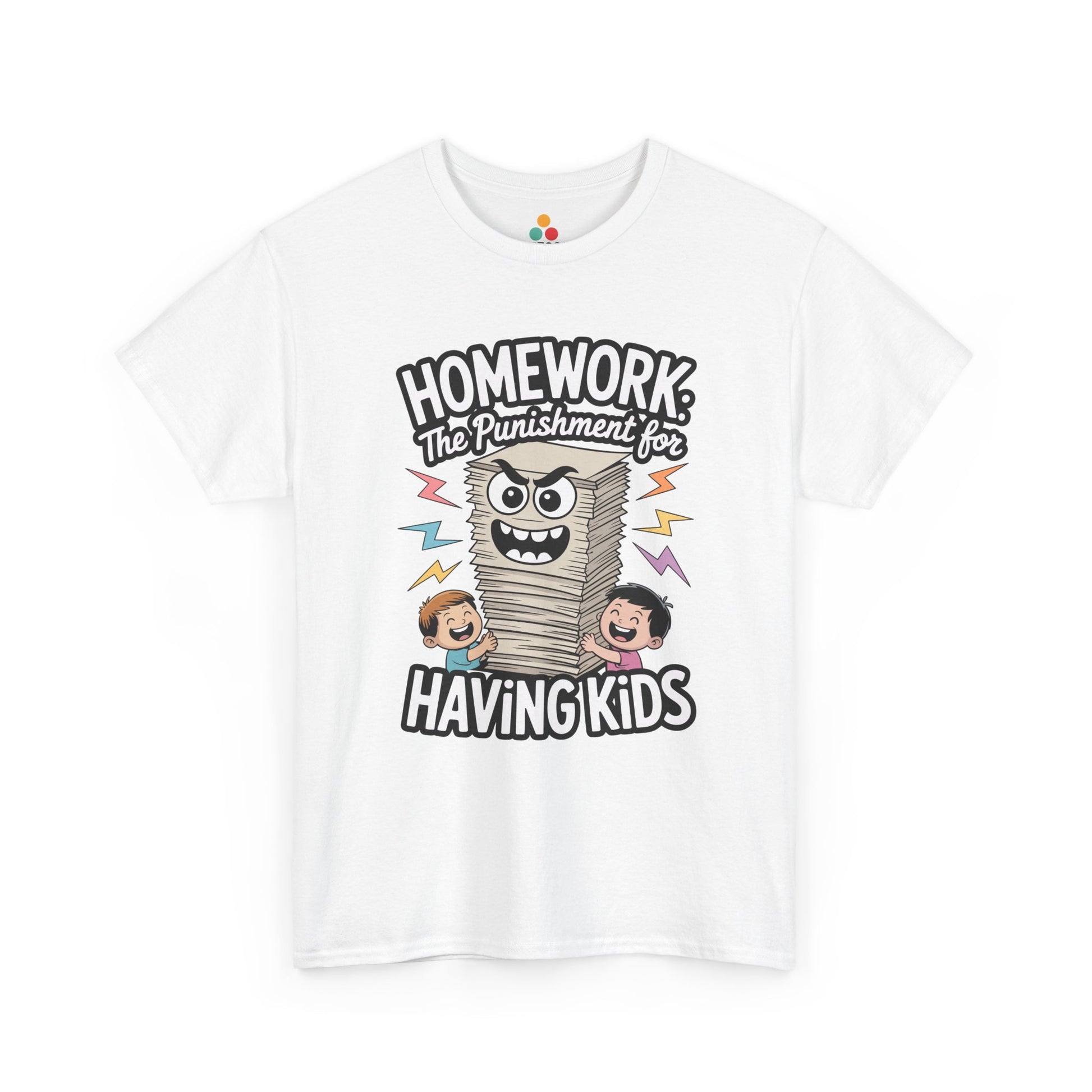 TEEZOCA white “Homework The Punishment for Having Kids” funny graphic T-shirt shown flat.