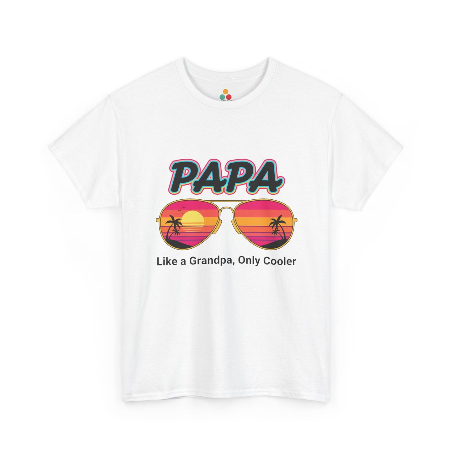 TEEZOCA white “Papa Like a Grandpa Only Cooler” retro sunglasses t-shirt shown flat.