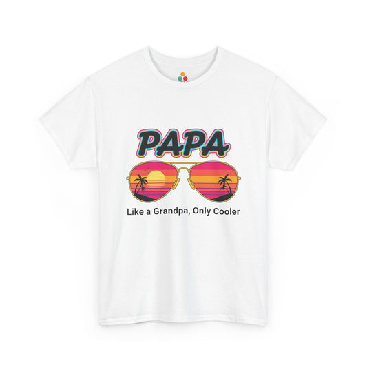 TEEZOCA white “Papa Like a Grandpa Only Cooler” retro sunglasses t-shirt shown flat.