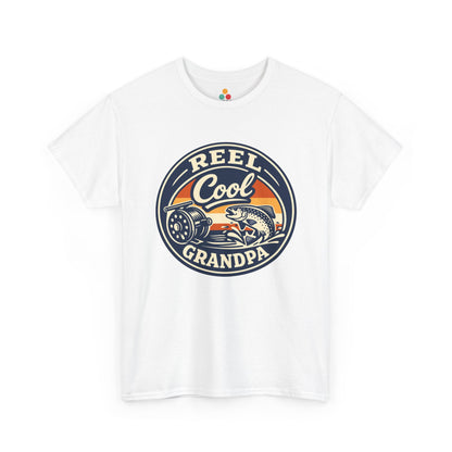 TEEZOCA white 'Reel Cool Grandpa' graphic T-shirt shown flat.