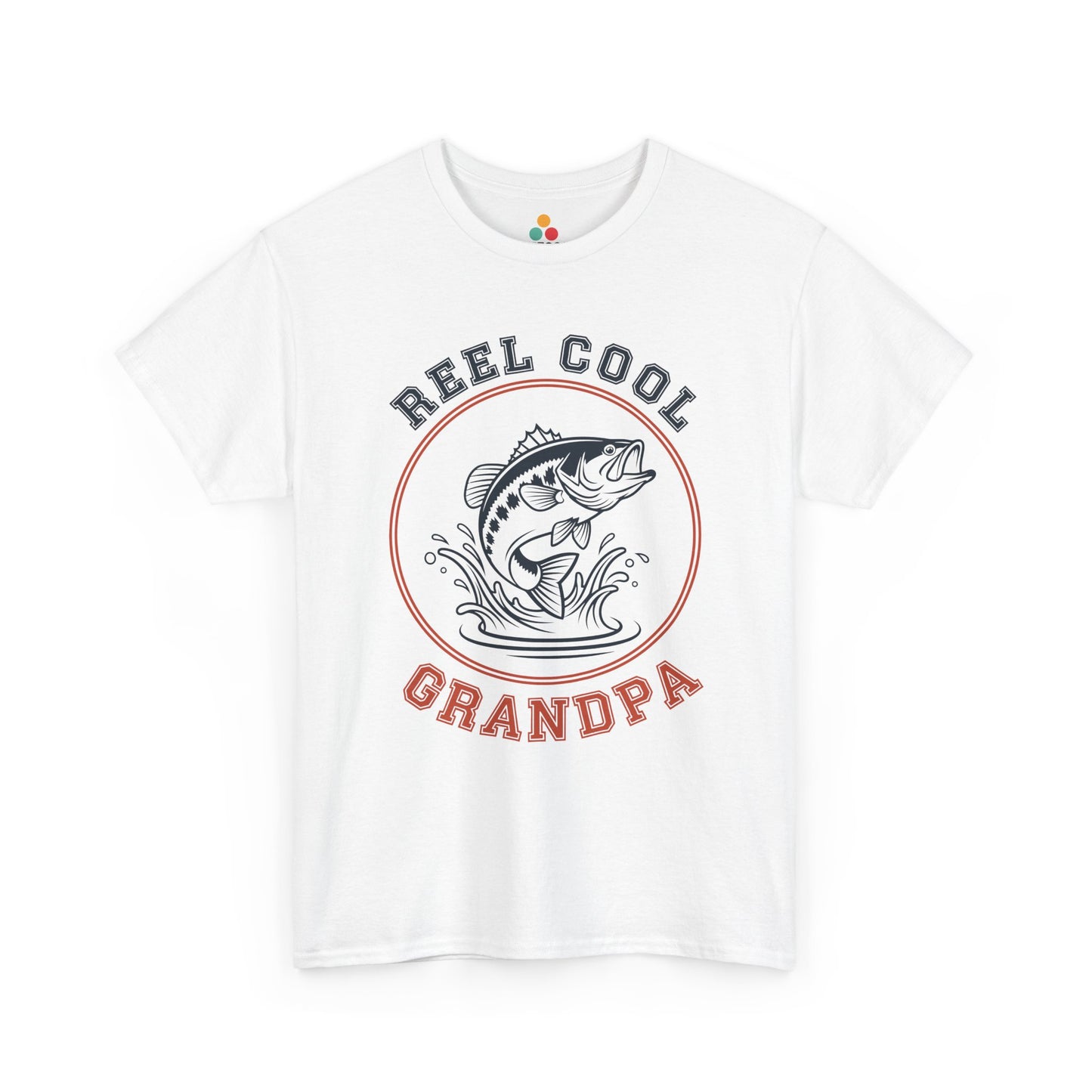 TEEZOCA white “Reel Cool Grandpa” vintage fishing badge t-shirt shown flat.
