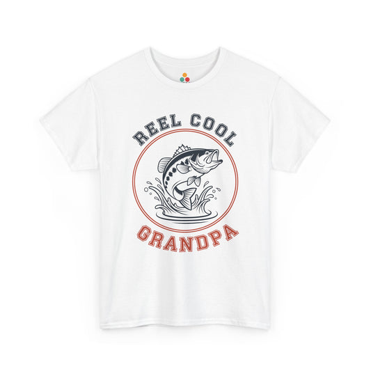 TEEZOCA white “Reel Cool Grandpa” vintage fishing badge t-shirt shown flat.
