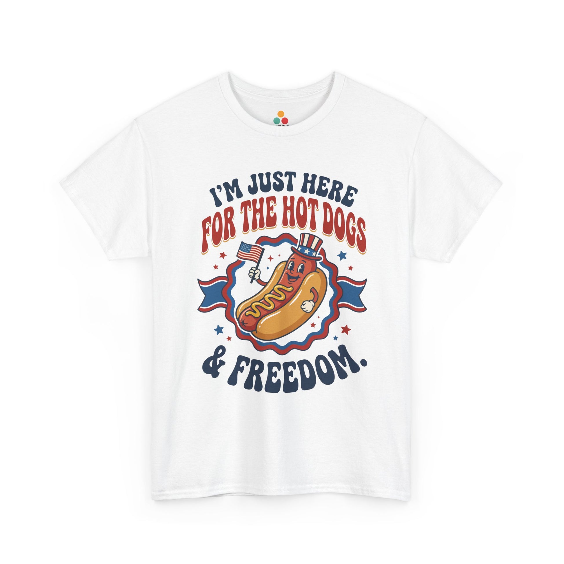 TEEZOCA white T-shirt featuring a cartoon Uncle Sam hot dog illustration and funny patriotic text shown flat.