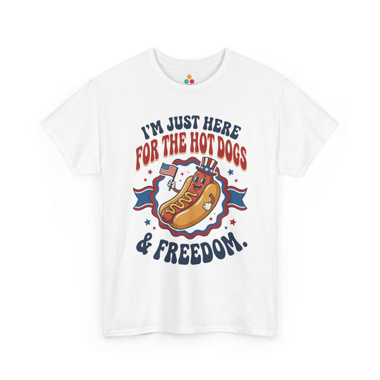 TEEZOCA white T-shirt featuring a cartoon Uncle Sam hot dog illustration and funny patriotic text shown flat.
