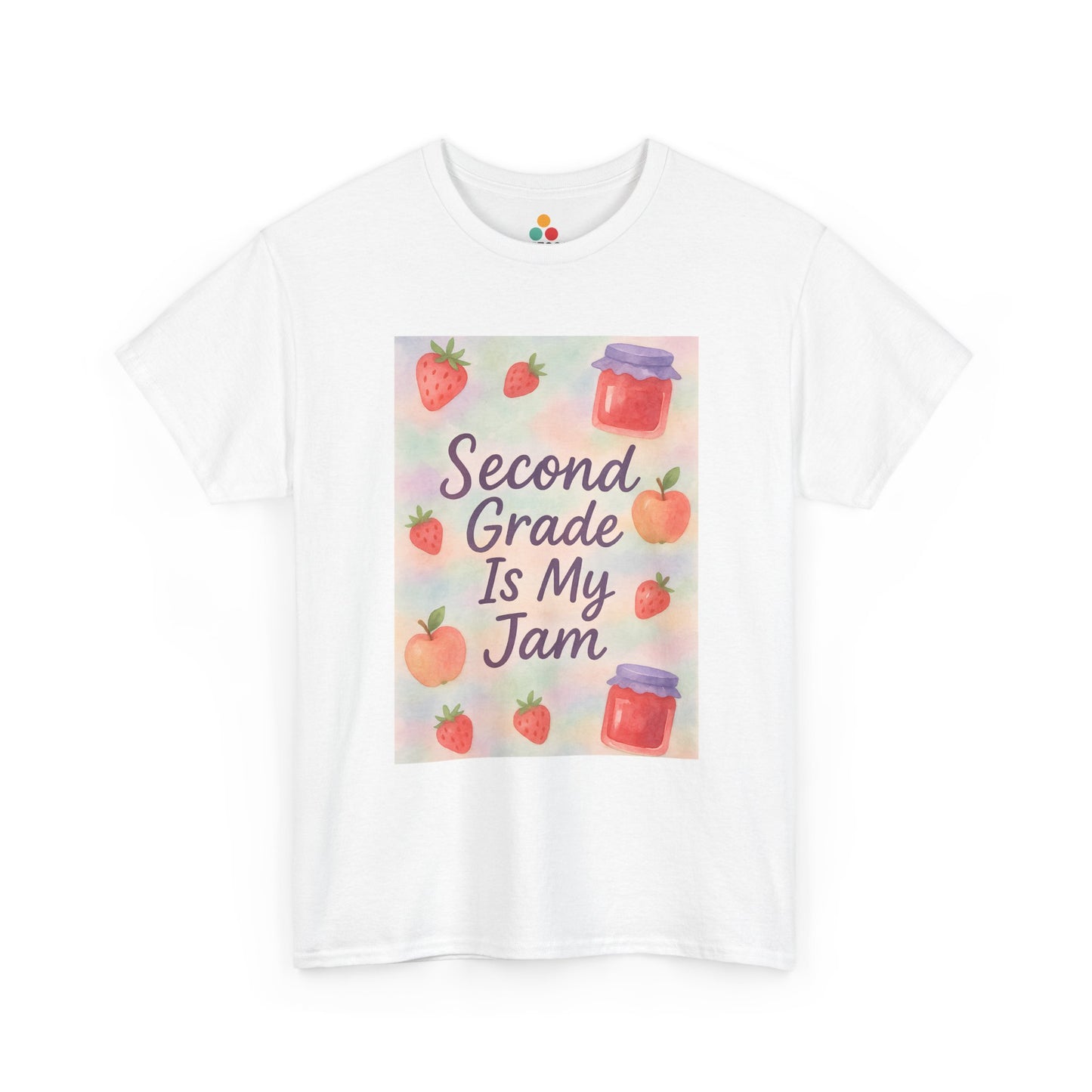 TEEZOCA white T-shirt featuring a pastel watercolor Second Grade Is My Jam graphic with strawberries and apples shown flat.