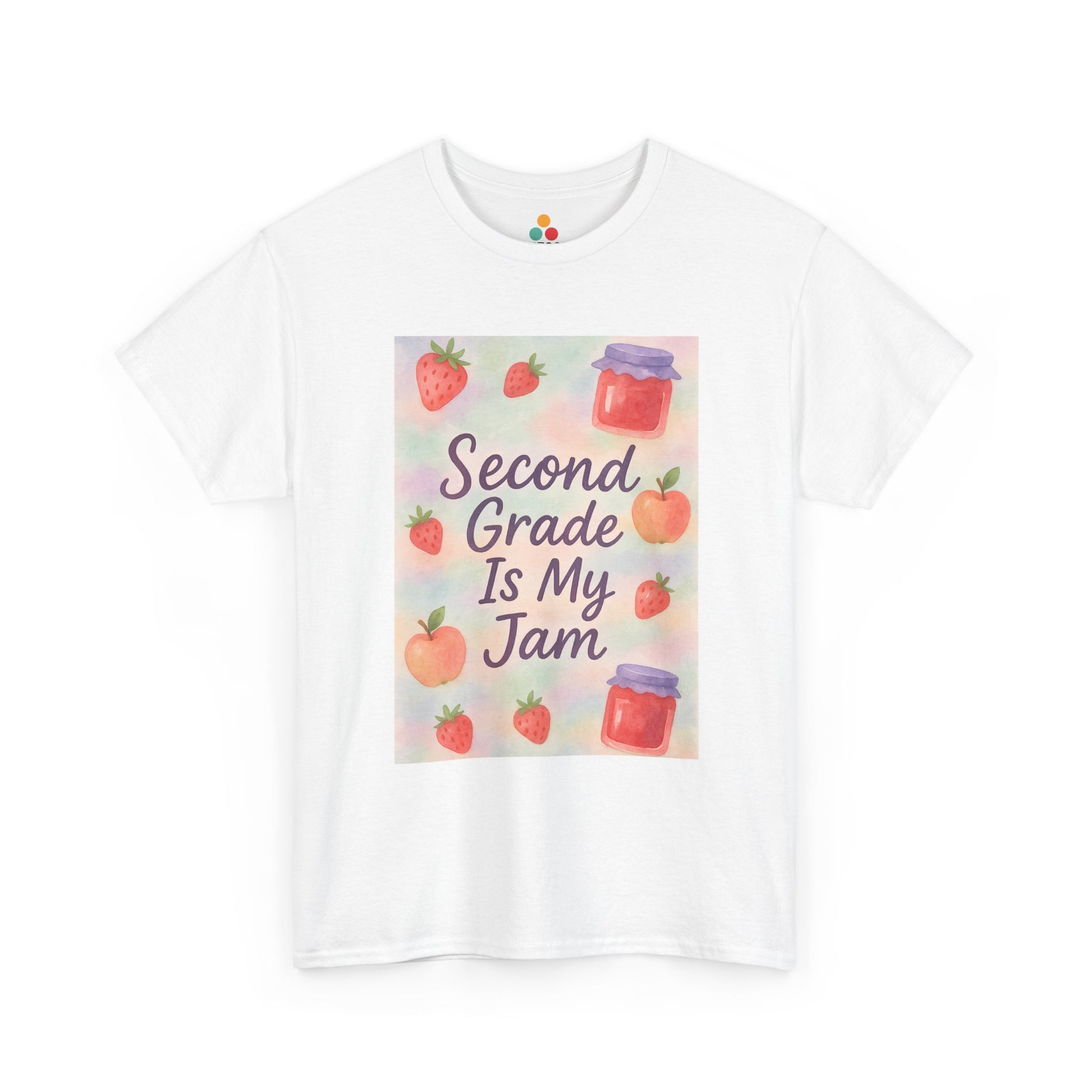 TEEZOCA white T-shirt featuring a pastel watercolor Second Grade Is My Jam graphic with strawberries and apples shown flat.