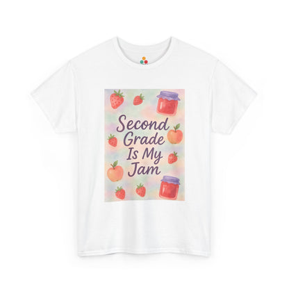TEEZOCA white T-shirt featuring a pastel watercolor Second Grade Is My Jam graphic with strawberries and apples shown flat.
