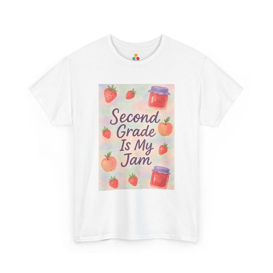 TEEZOCA white T-shirt featuring a pastel watercolor Second Grade Is My Jam graphic with strawberries and apples shown flat.