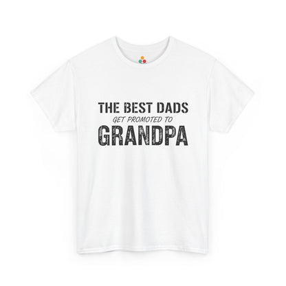 TEEZOCA white “The Best Dads Get Promoted to Grandpa” typographic t-shirt shown flat.