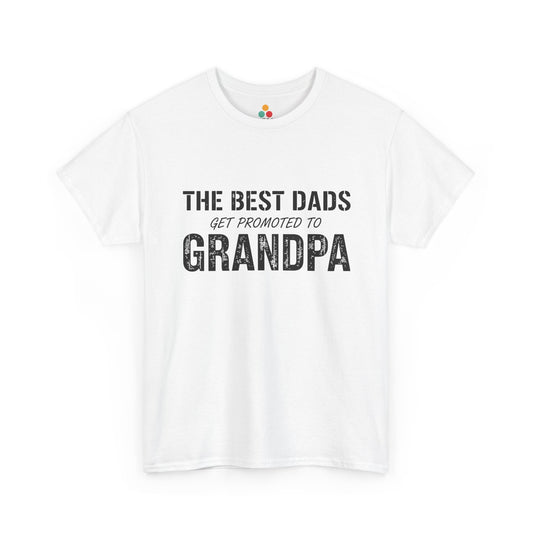 TEEZOCA white “The Best Dads Get Promoted to Grandpa” typographic t-shirt shown flat.