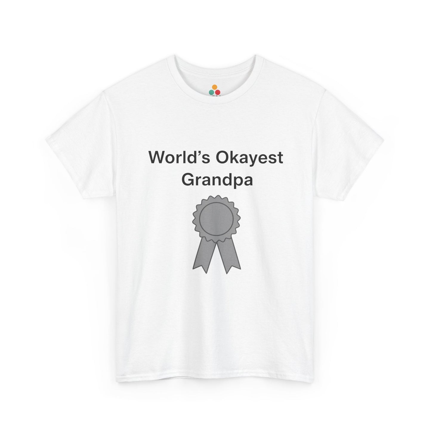 TEEZOCA white “World’s Okayest Grandpa” award ribbon graphic t-shirt shown flat.