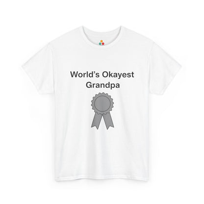 TEEZOCA white “World’s Okayest Grandpa” award ribbon graphic t-shirt shown flat.
