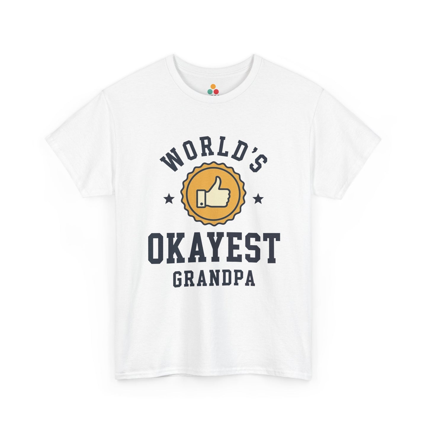 TEEZOCA white “World’s Okayest Grandpa” thumbs-up badge graphic t-shirt shown flat.