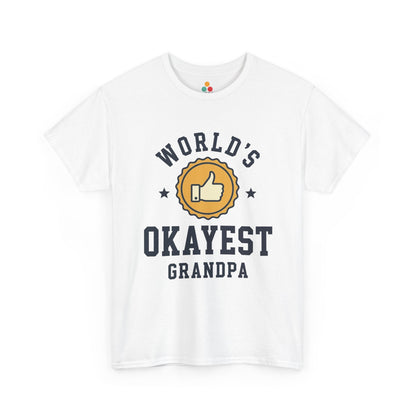 TEEZOCA white “World’s Okayest Grandpa” thumbs-up badge graphic t-shirt shown flat.