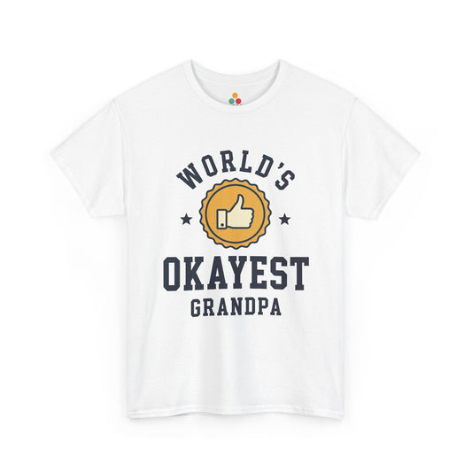 TEEZOCA white “World’s Okayest Grandpa” thumbs-up badge graphic t-shirt shown flat.