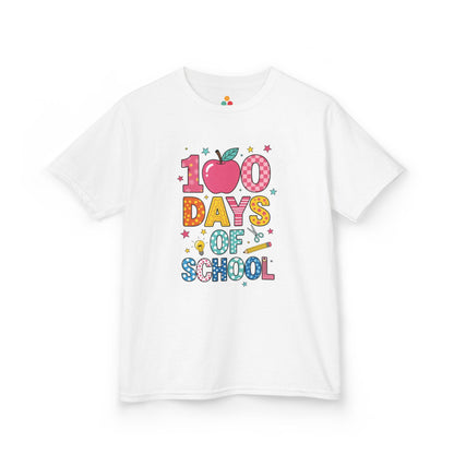 TEEZOCA white colorful 100 Days of School apple graphic T‑shirt shown flat.