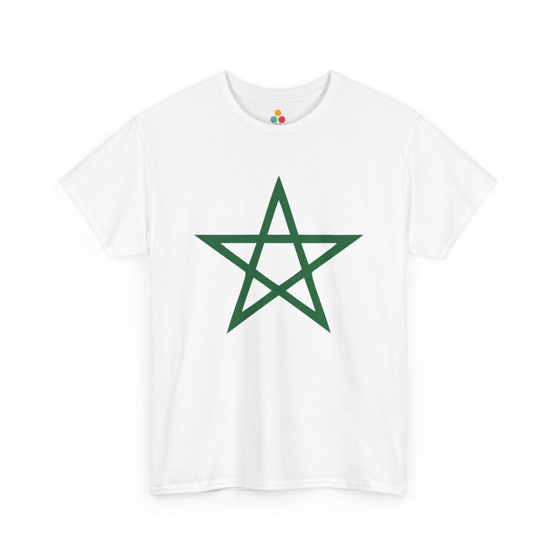 TEEZOCA white everyday T-shirt displaying the green Moroccan flag star emblem centered on the chest. Classic Morocco Flag Shirt Moroccan Soccer Supporter Gift for Men and Women