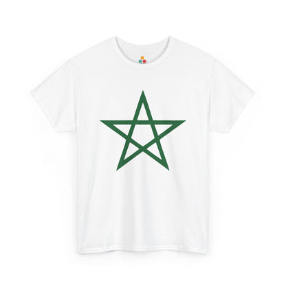 TEEZOCA white everyday T-shirt displaying the green Moroccan flag star emblem centered on the chest. Classic Morocco Flag Shirt Moroccan Soccer Supporter Gift for Men and Women