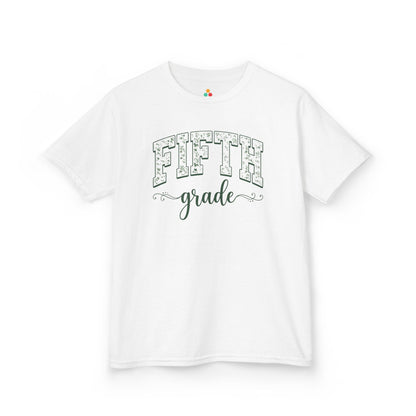 TEEZOCA white floral fifth grade girl shirt, the kind of kids first-day tee parents shop on Amazon and Etsy for milestone photos.
