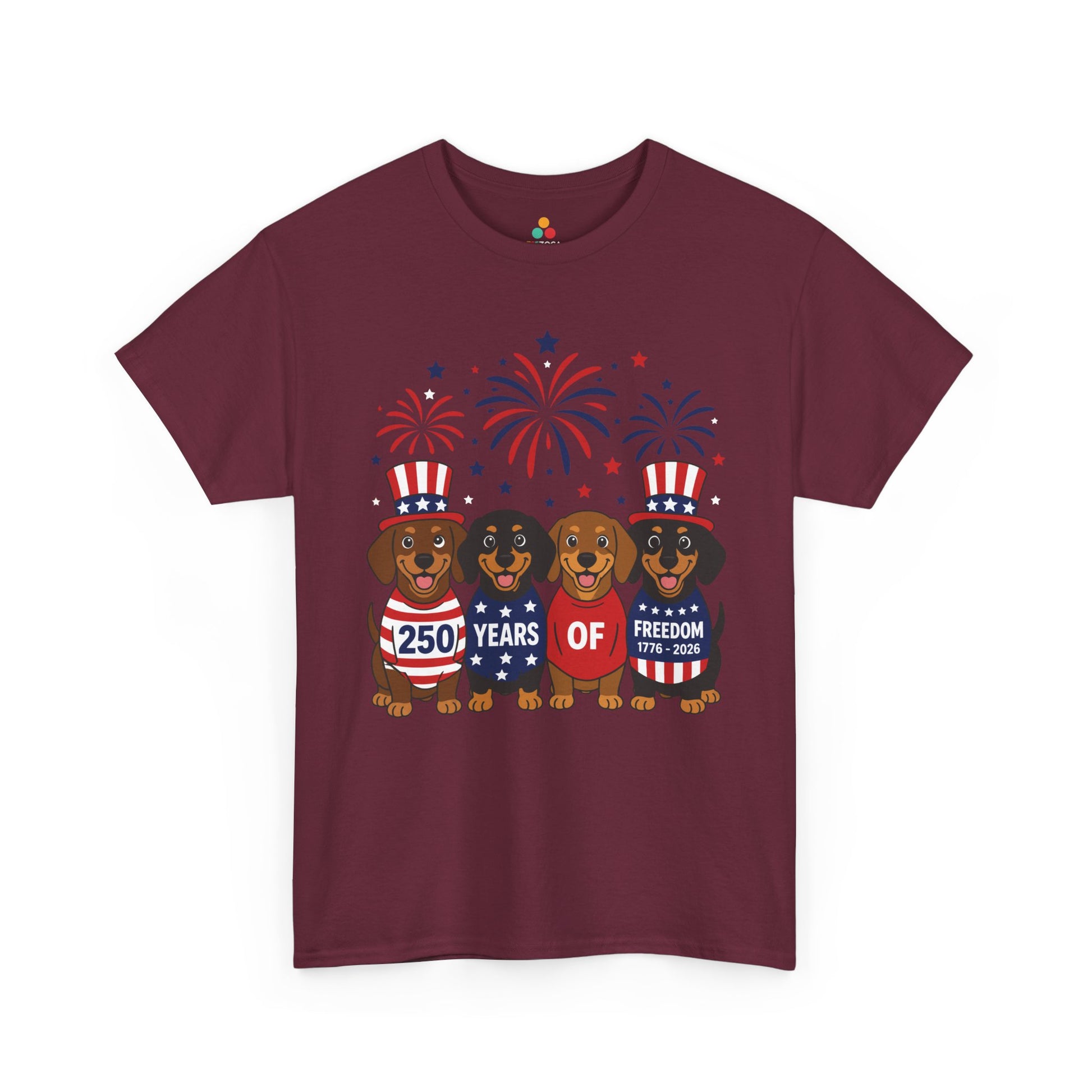 TEEZOCA wiener dog shirt T-shirt with dachshunds in Uncle Sam hats and America 250 1776-2026 celebration artwork.
