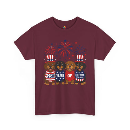 TEEZOCA wiener dog shirt T-shirt with dachshunds in Uncle Sam hats and America 250 1776-2026 celebration artwork.
