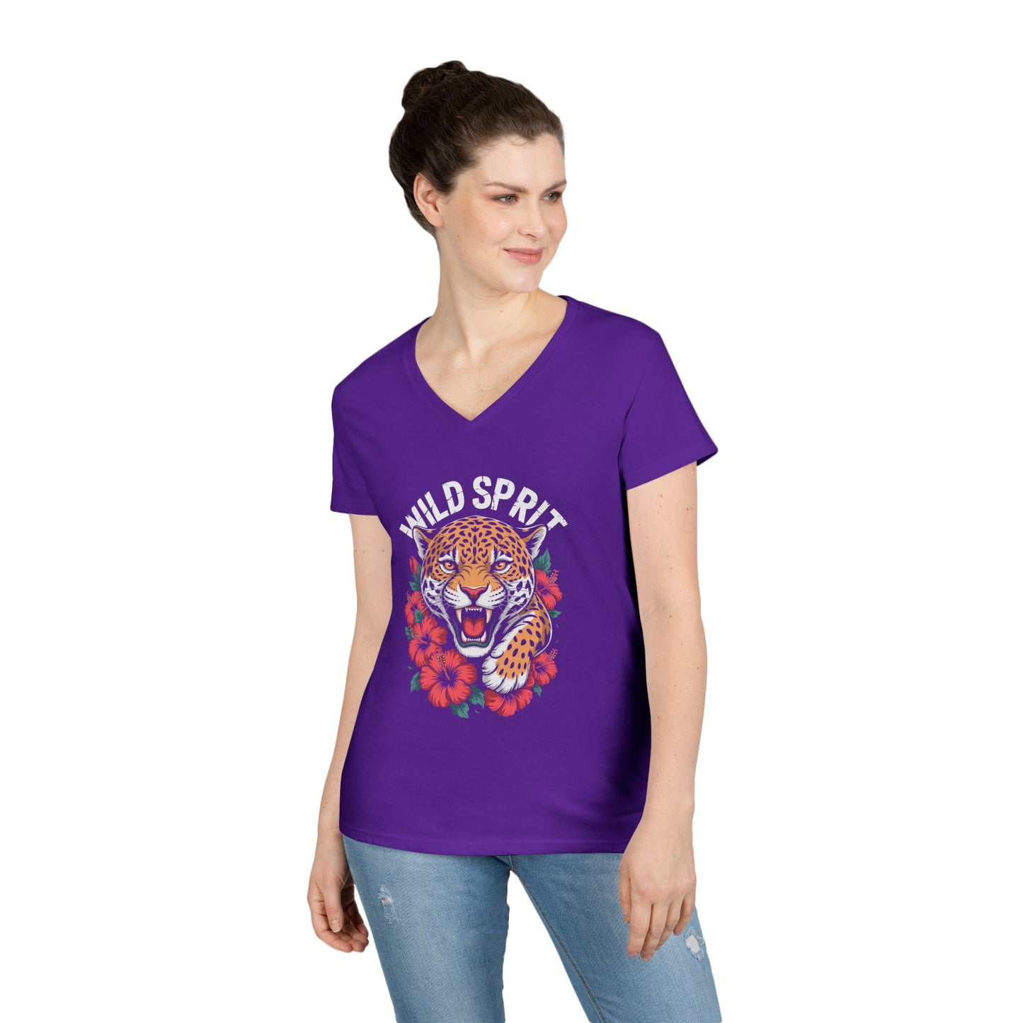 Wild Spirit Leopard Floral Women’s V-Neck T-Shirt Bold Graphic | TEEZOCA 