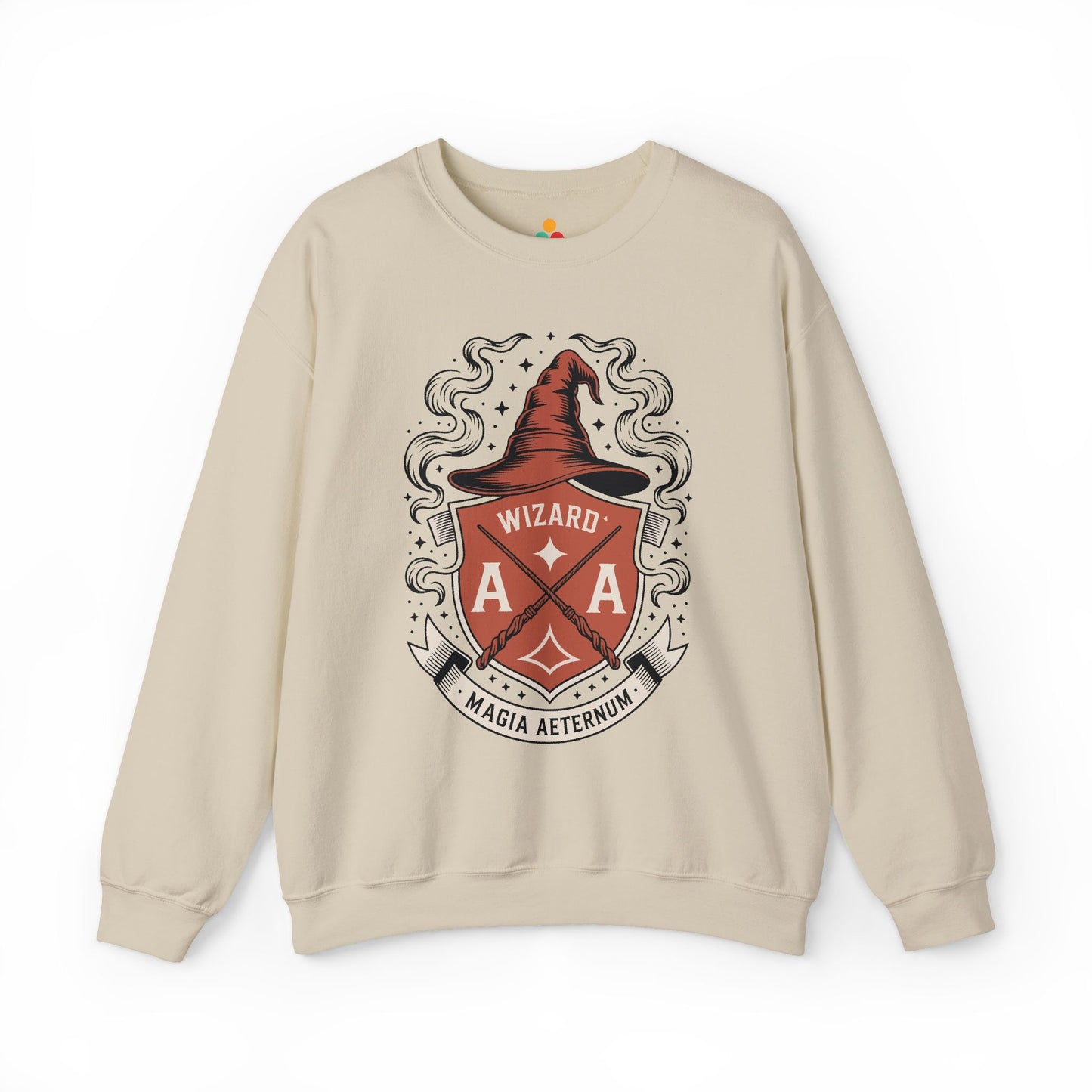 TEEZOCA wizard crest sweatshirt with magical fantasy emblem design Beige sweatshirt with a wizard-themed graphic on a white background