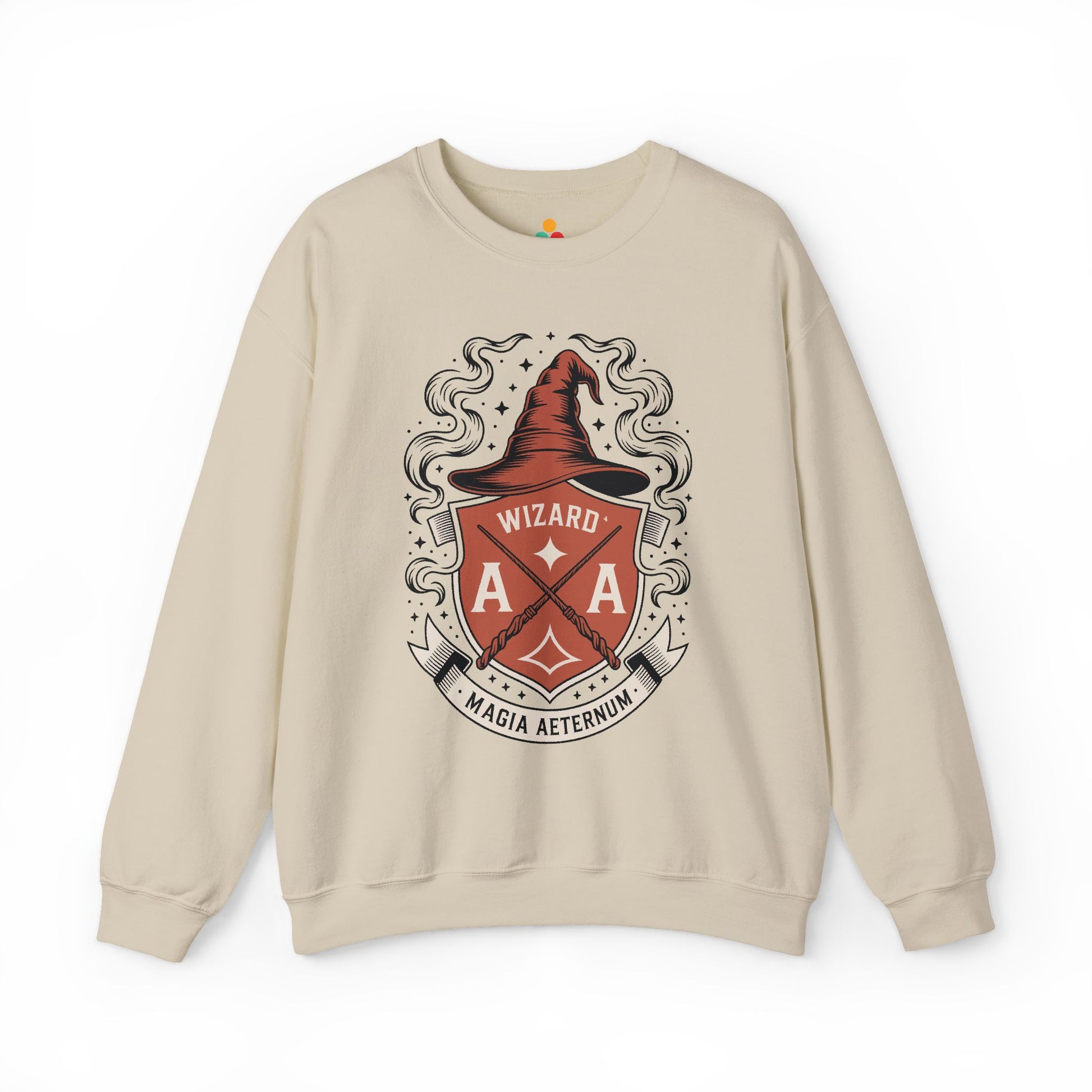 TEEZOCA wizard crest sweatshirt with magical fantasy emblem design Beige sweatshirt with a wizard-themed graphic on a white background