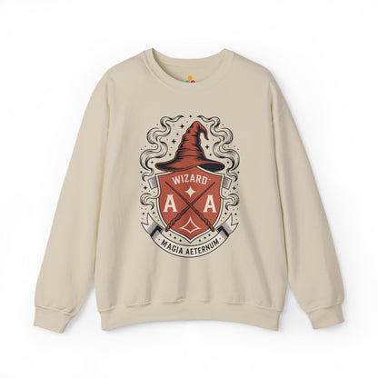 TEEZOCA wizard crest sweatshirt with magical fantasy emblem design Beige sweatshirt with a wizard-themed graphic on a white background