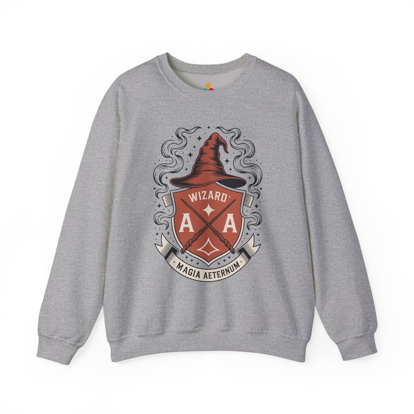 TEEZOCA wizard crest sweatshirt with magical fantasy emblem design Gray sweatshirt with a crest design featuring a witch hat and 'Wizard Magia Aeternum' text on a white background.